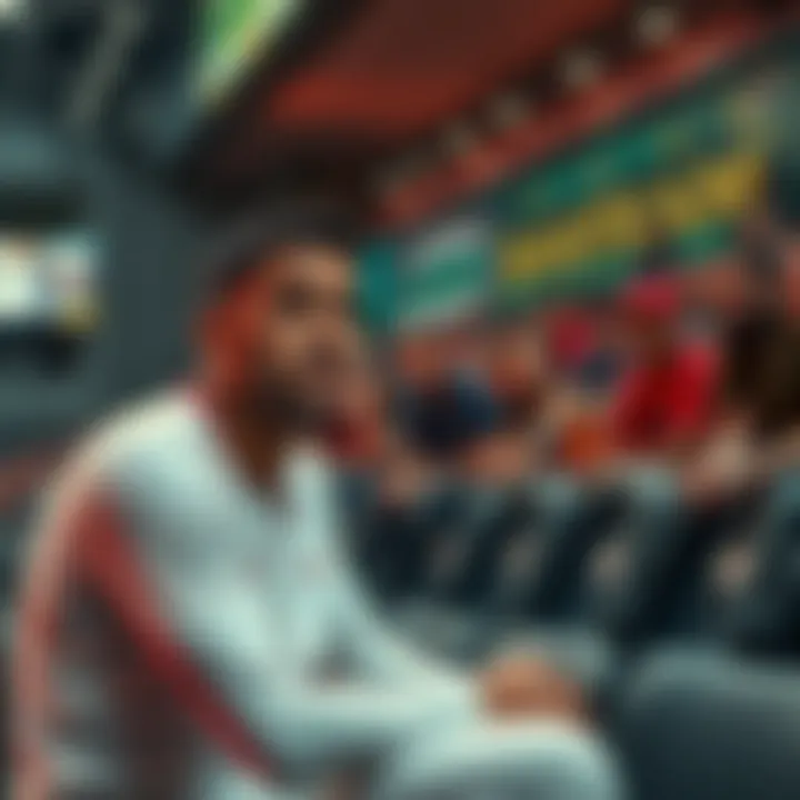 Star player sitting on the bench with a serious expression, fans in the stands looking shocked