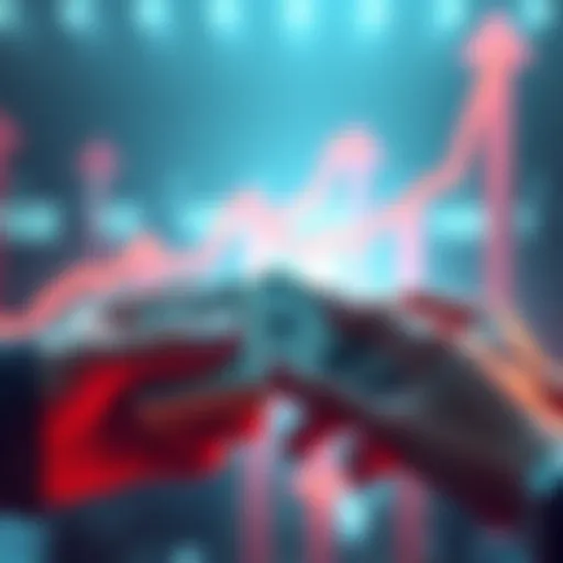 A graphic showing cash being exchanged, illustrating the Stay Low cashout process for this month with upward trends in the background.