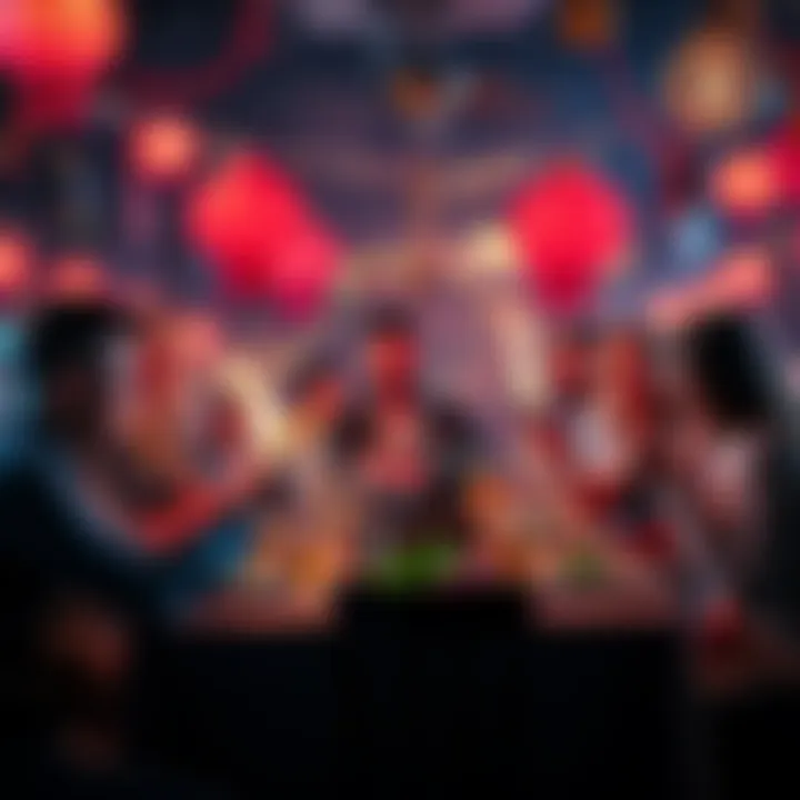 People enjoying a steak dinner with vibrant decorations and happy faces