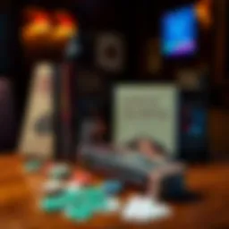 A collection of poker books by Steve Albini displayed on a wooden table, along with poker chips and cards.