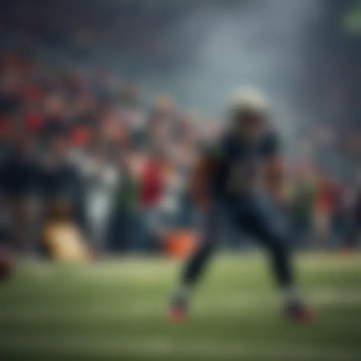 Patriots player Stevenson on the field, taking starting position while fans react in the background