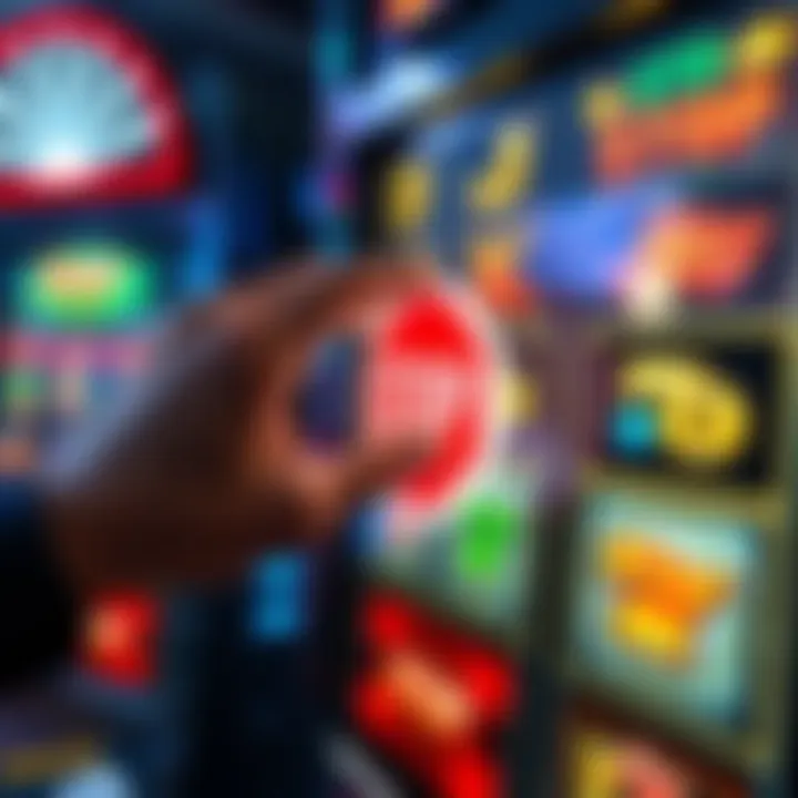 A hand pressing the STOP button on a colorful slot machine screen displaying spinning reels