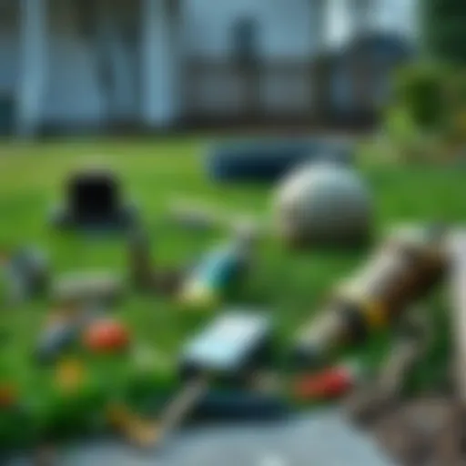 A collection of unusual items lying on grass in a backyard, sparking curiosity among homeowners.