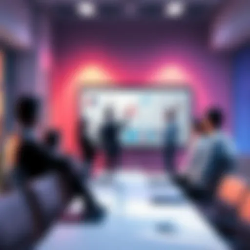 A group of people in a meeting room discussing strategies on a whiteboard with charts and notes.
