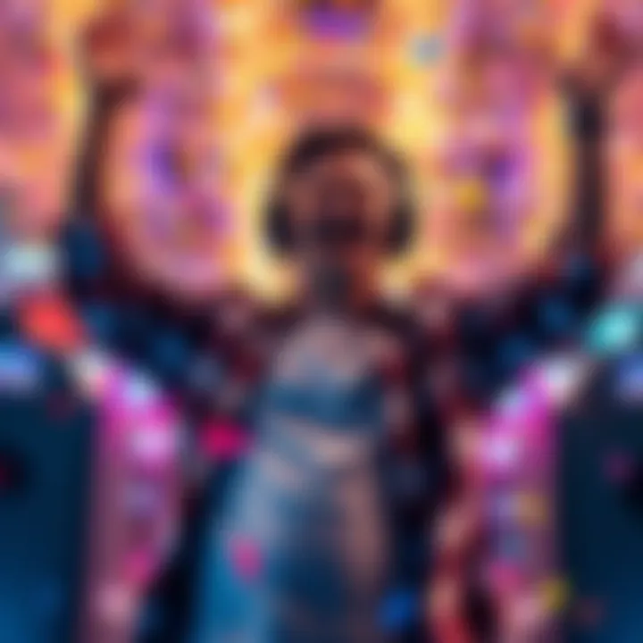 A joyful streamer celebrating after hitting a $37 million jackpot with a $6,000 bet, surrounded by colorful confetti and flashing lights from the gaming screen.