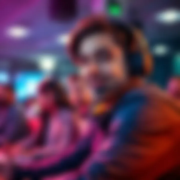 A streamer with a headset confidently discussing their views with an audience in the background.