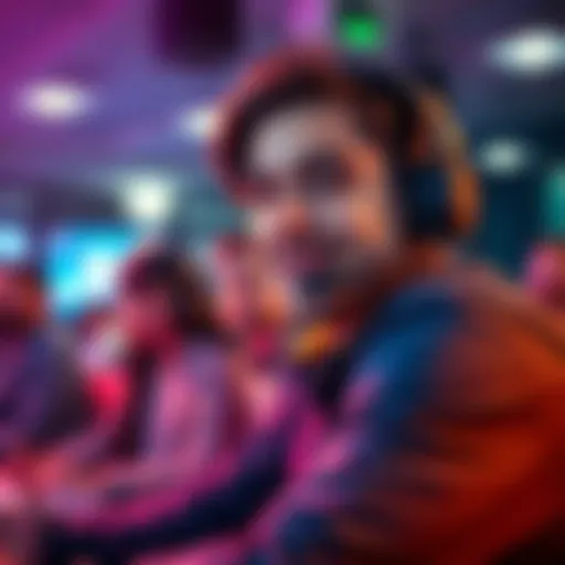 Streamer with a confident expression A streamer with a headset confidently discussing their views with an audience in the background.
