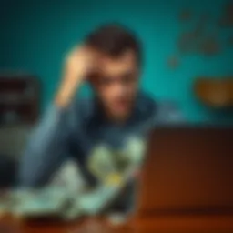 A worried individual holding their head, surrounded by bills and a laptop, showing signs of financial stress.