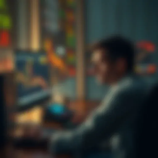 A person sitting at a desk, looking worried while staring at multiple financial charts on a computer screen, symbolizing the pressure of day trading.