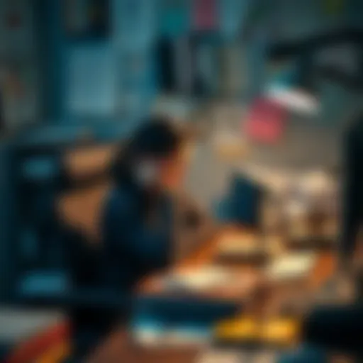 A tired person sitting at a cluttered desk with papers and a computer, looking overwhelmed by work responsibilities.