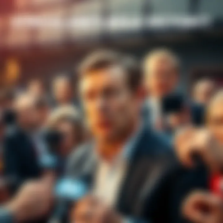 Strickland speaking passionately at a press conference, surrounded by reporters and fans, showcasing his strong stance
