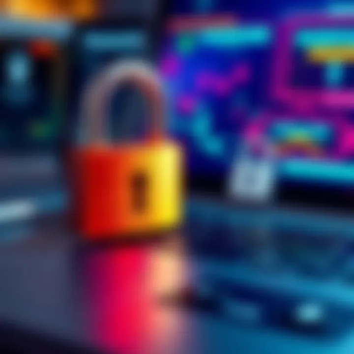A strong padlock next to a keyboard showing a password entry screen, symbolizing online security.