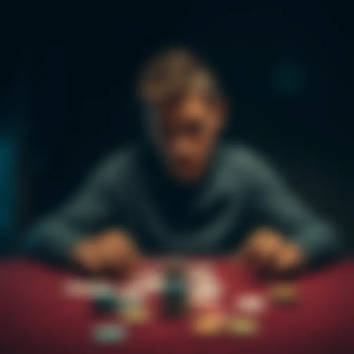 Struggle with Gambling Addiction A young man sits alone at a dimly lit table, looking distressed and lost, with cards and chips scattered around, symbolizing the impact of gambling addiction.