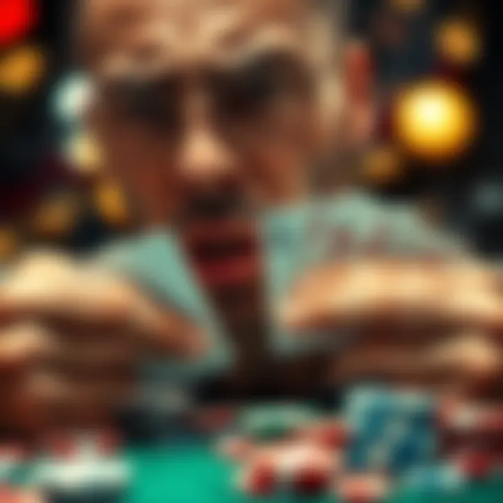 A close-up of a person looking worried while holding playing cards and surrounded by gambling chips, depicting the challenges of gambling addiction.