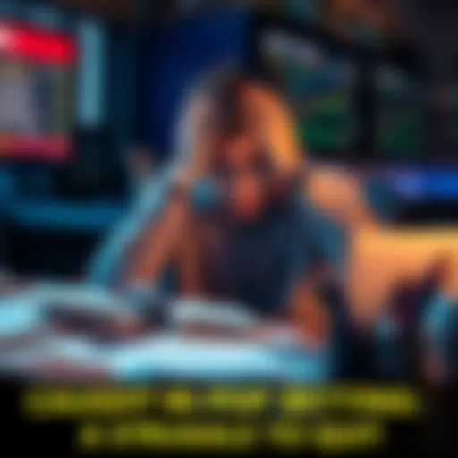 A person sitting at a desk surrounded by betting slips and a laptop, looking frustrated while holding their head in their hands