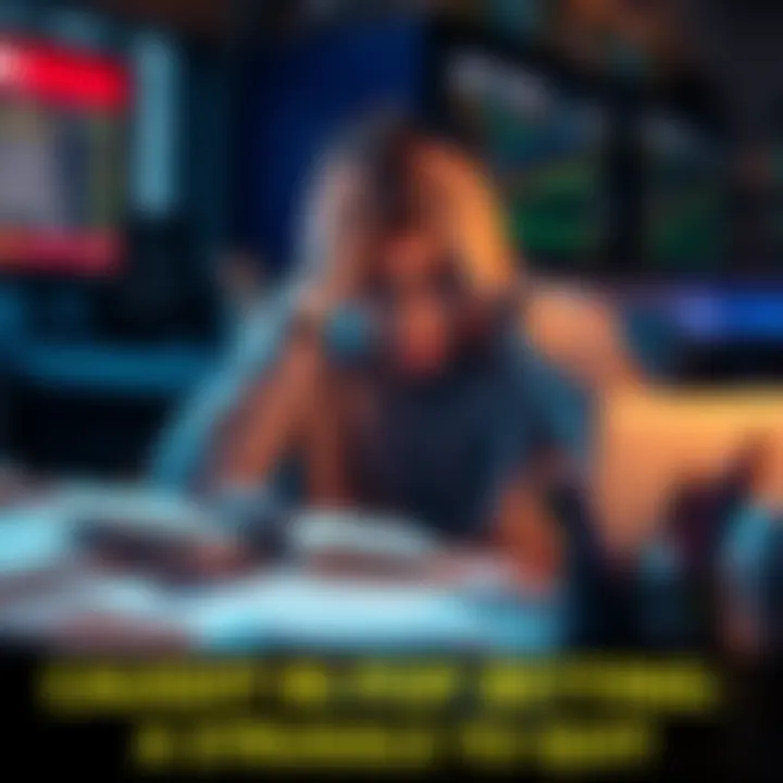 A person sitting at a desk surrounded by betting slips and a laptop, looking frustrated while holding their head in their hands