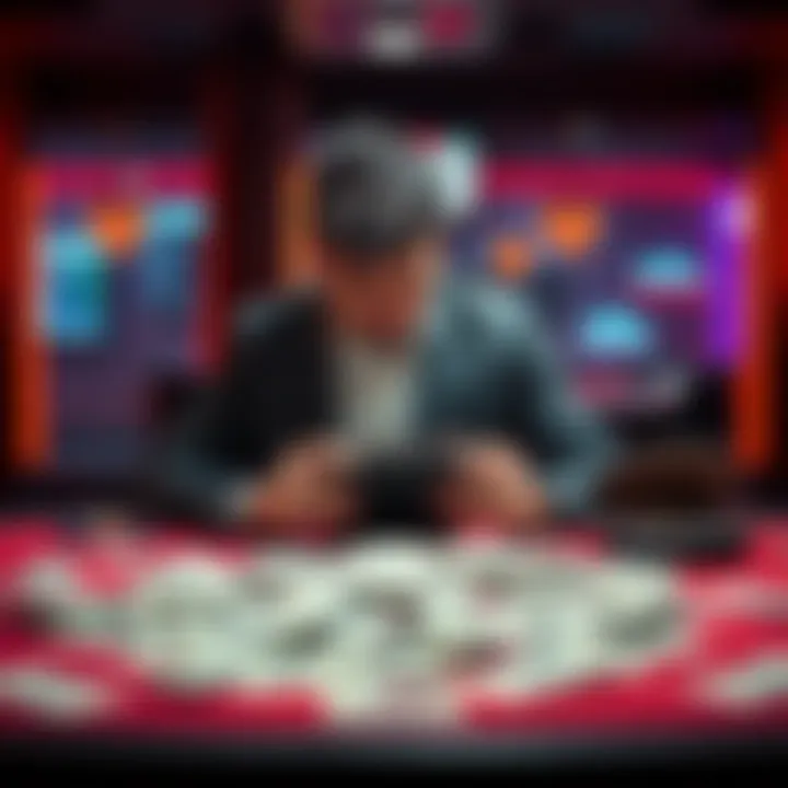 Person sitting at a table with empty wallet A person looks distressed while sitting at a table covered with bills and an empty wallet, symbolizing the struggle with gambling addiction.