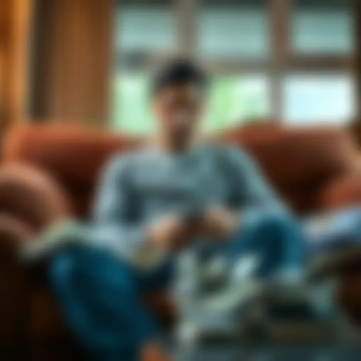 A person looking concerned while sitting on a couch, surrounded by bills and a phone, indicating financial stress after a week without gambling.