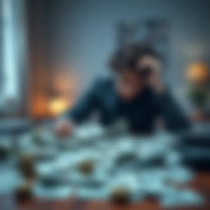 A person sitting at a table with bills scattered around, looking stressed and worried about money management.