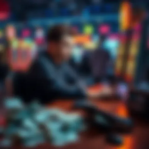 A person sitting in front of a computer, looking worried while playing online slots, with a pile of bills on the table and an empty wallet nearby.