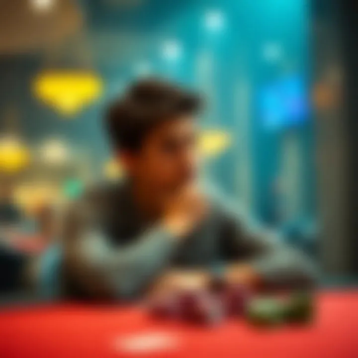 A student sitting at a table, deep in thought, with a few chips and cards in front of them, considering whether to cash out their blackjack winnings or keep playing.