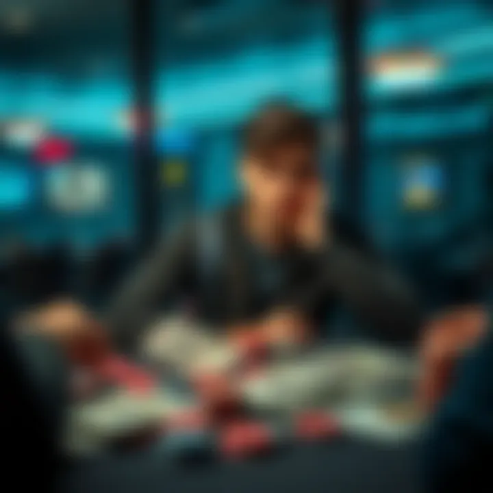 A student sits at a table with a look of concern, surrounded by gambling chips and bills, symbolizing their struggle with addiction and financial stress.