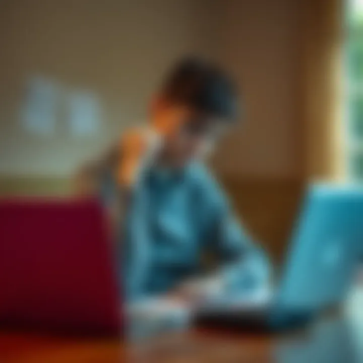 A young university student looks thoughtful and distressed while sitting at a desk with papers and a laptop, symbolizing the struggle with gambling losses.