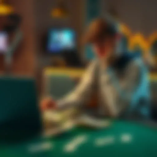 A worried student sitting at a table with a laptop and crumpled bills, contemplating their gambling losses, showing signs of stress and concern.