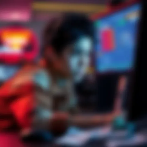 A distressed student staring at a computer screen showing losses from gambling, with a worried expression on their face.