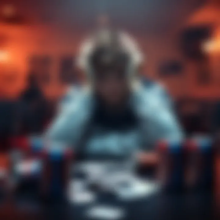 An 18-year-old male student sits at a table with his head in his hands, looking distressed over gambling losses, surrounded by playing cards and a few empty soda cans.