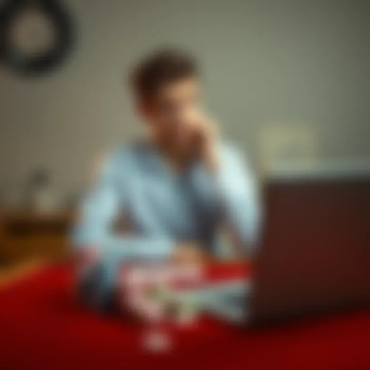 A young man sitting at a table with a worried expression, looking at a stack of poker chips and a laptop, symbolizing his struggle with gambling addiction.