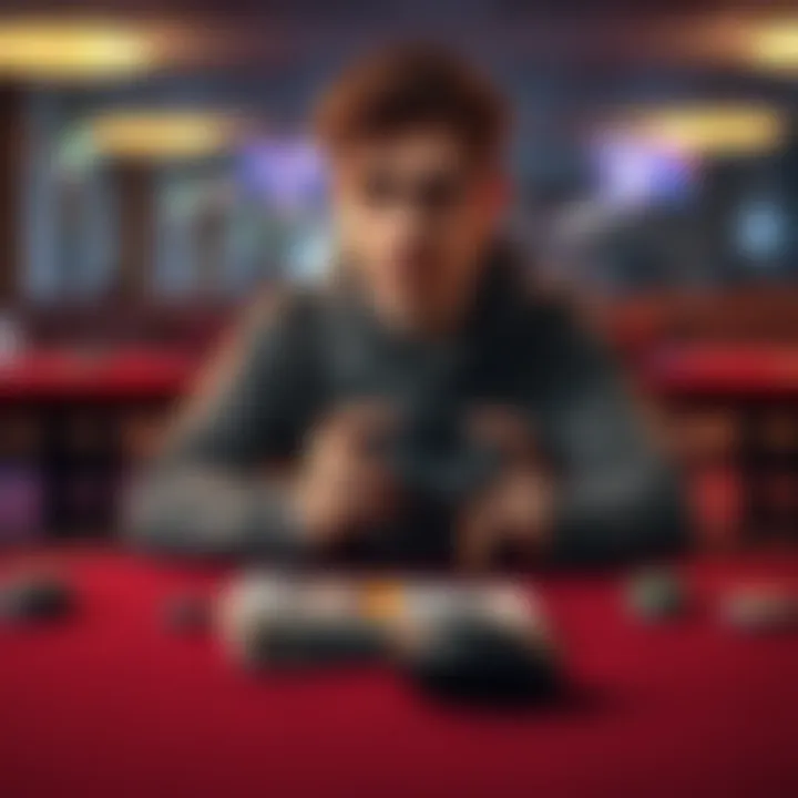 A student sits alone at a table with a stack of bills and a game controller, looking pensive and concerned about their gambling decisions.
