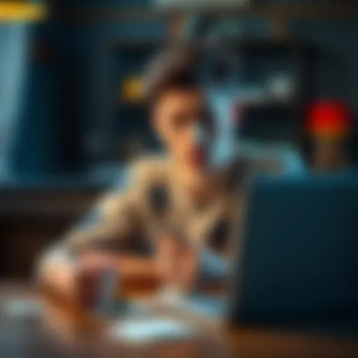 A young man looks worried while sitting at a table with bills and a laptop, showing signs of stress about his tuition money lost to gambling.