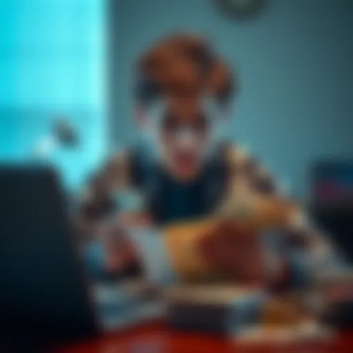 A worried 19-year-old student sitting at a desk, looking at bills and a laptop with a distressed expression, reflecting on his gambling losses.