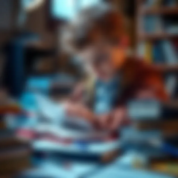 A young student surrounded by books and notes, focused on studying for the 11 plus exam.