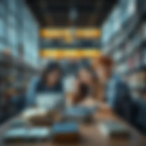 Students studying at UCL A group of students working together on a project in a university library, surrounded by books and laptops, focused on their studies.
