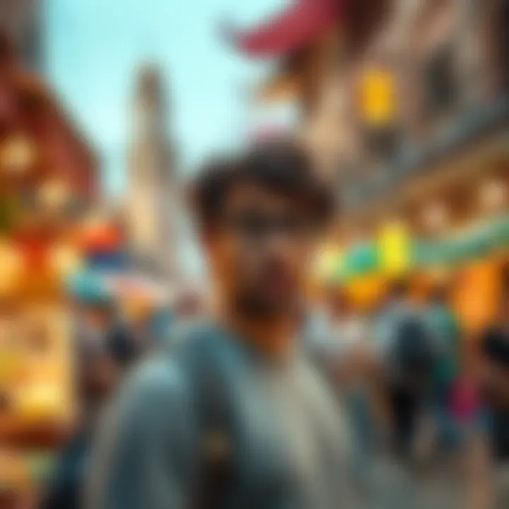Stunned traveler in Morocco A traveler looks shocked while standing in a bustling Moroccan market, with people and colorful stalls around.