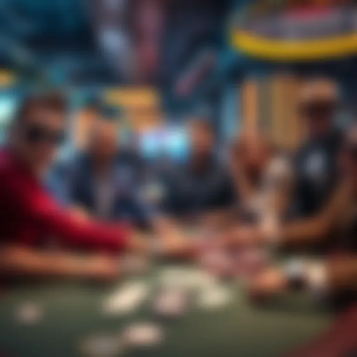 A group of poker players dressed in fashionable attire, showcasing their style while playing at a casino table