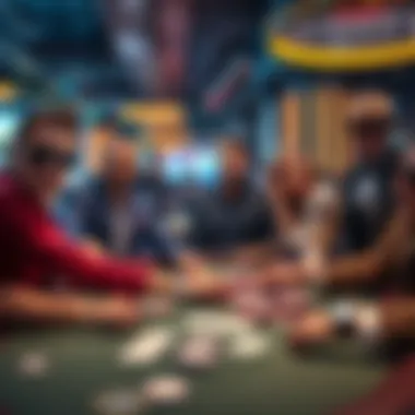 Stylish Poker Players at a Table A group of poker players dressed in fashionable attire, showcasing their style while playing at a casino table