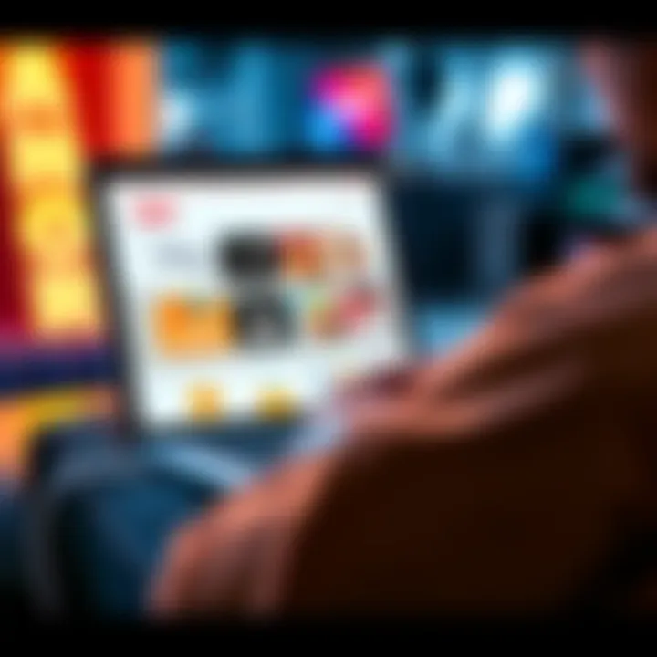 A person browsing various online subscription service options on a laptop, showing different categories of services like streaming and food delivery.