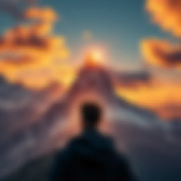 A person looking at a mountain peak, symbolizing achievement and success.