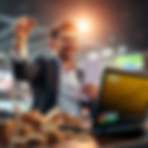 A person celebrating a big win while looking at betting slips and a laptop with odds displayed