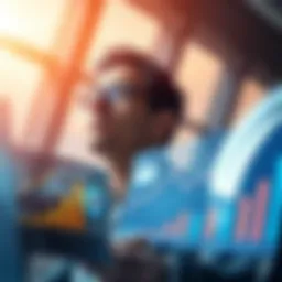 A person looking ahead with confidence, analyzing charts and graphs that represent potential growth and success in a bright environment.