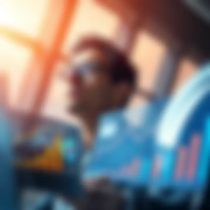 A person looking ahead with confidence, analyzing charts and graphs that represent potential growth and success in a bright environment.