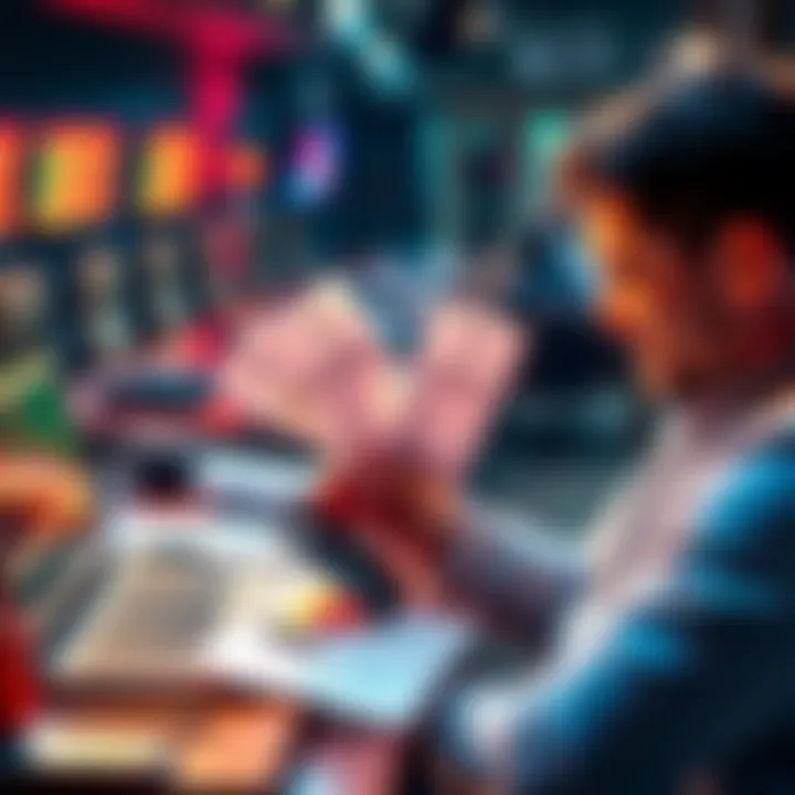 A person reviewing betting slips with a calculator and a laptop, celebrating a winning streak in parlay bets.