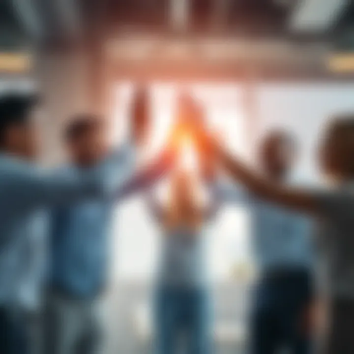 A diverse group of people celebrating with high-fives and smiles, showing teamwork and success in building a bank.
