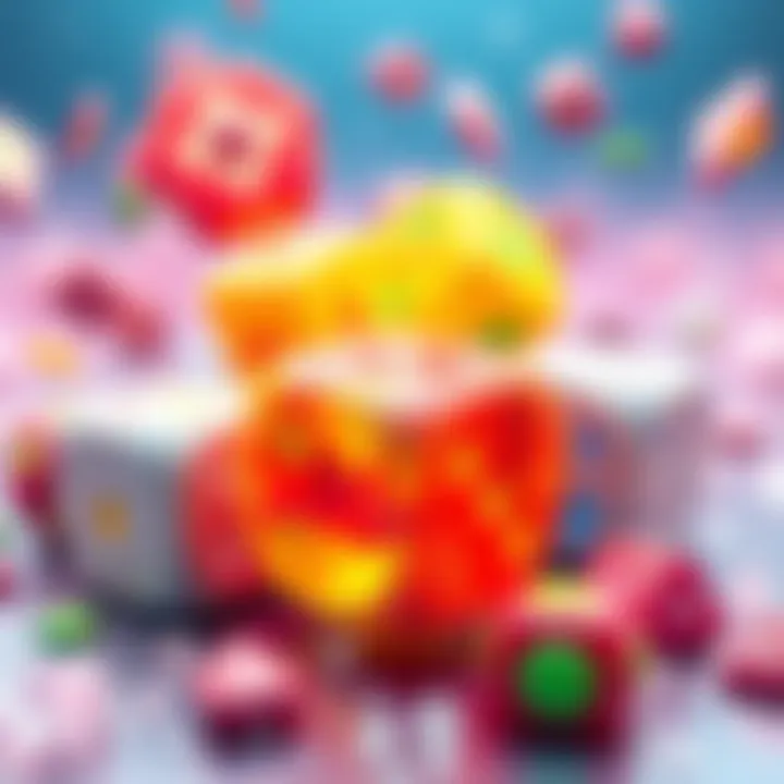 Colorful dice with statistics and bonus icons, representing 350,000 spins and game outcomes.