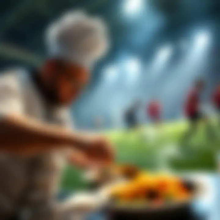 A chef preparing a meal while soccer players score goals in the background at the Sunday Cook event
