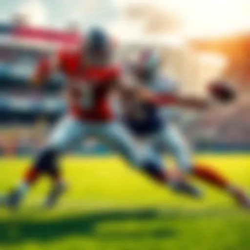 Two football players tackling during a game with a stadium in the background