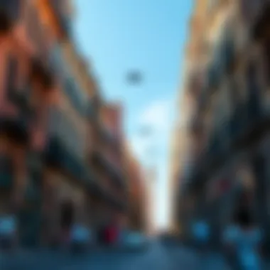 Sunny Barcelona Street A lively street in Barcelona, showcasing colorful buildings and people enjoying the city life